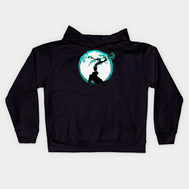 ocean teal tree of life on a enso circle - Sumi inspired Bonsai tree Kids Hoodie by Trippy Critters